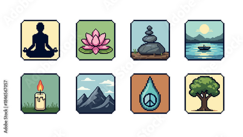 Pixel art meditation and nature icons set for relaxation and harmony
