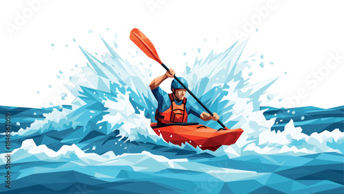 Dynamic low poly kayaker navigating splashing waves in vibrant geometric style