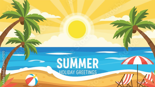 Illustration of a serene beach scene with palm trees, beach chairs, and a beach ball, set against a vibrant summer sunset with the text 'SUMMER HOLIDAY GREETINGS' on the shore.
