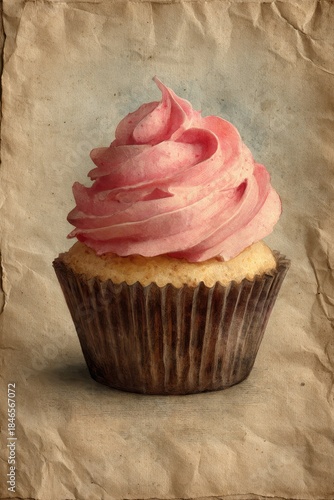 Vintage watercolor illustration of cupcake with pink frosting, hand painted bakery dessert on textured antique paper background, retro sweet food art