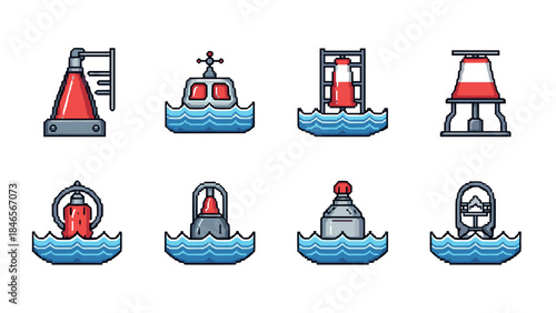 Nautical buoys collection: icon set of maritime navigation tools in pixel art style