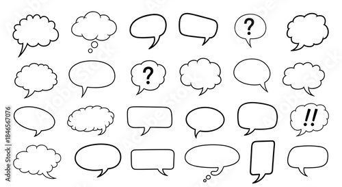 Collection of hand-drawn sketch style speech and thought bubbles with punctuation marks for comic book dialogue and web chats.
