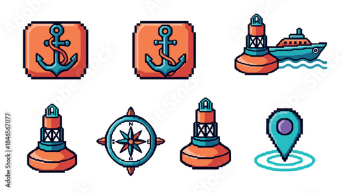 Pixel art nautical icons set with anchor, buoy, and compass for maritime themes