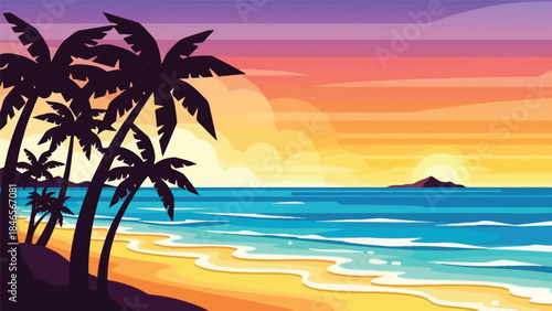 Vibrant tropical beach scene with silhouetted palm trees against a colorful sunset and calm ocean waves on a serene shore.