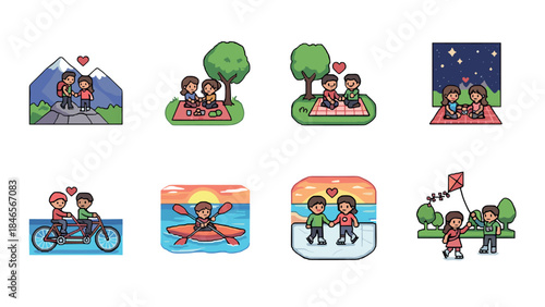 Charming couples enjoy outdoor adventures in cute cartoon style