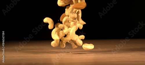Wallpaper Mural Super slow-motion of almonds and cashews fall on wooden table. Healthy snack, satisfying crunch. Torontodigital.ca