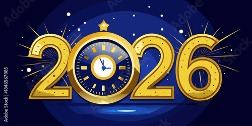 New Year Countdown background - shining golden clock on dark blue midnight background - luxury festive vector illustration