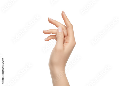 Delicate woman hand gesture with raised fingers. isolated on transparent background, png	