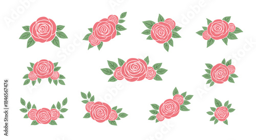A lovely collection of hand-drawn pink rose flower arrangements with green leaves for wedding invitations or romantic designs.