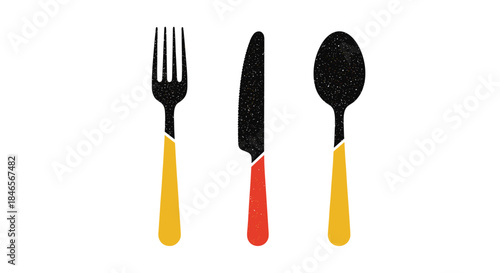 Modern textured illustration of a fork knife and spoon set with colorful handles for a restaurant menu or food blog design.