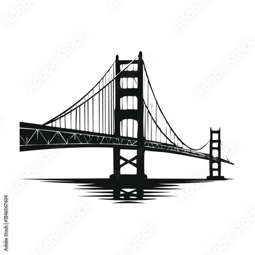A stark, monochromatic vector silhouette illustration depicting the iconic golden gate bridge spanning the water in san francisco bay, emphasizing its massive suspension structure and towers.