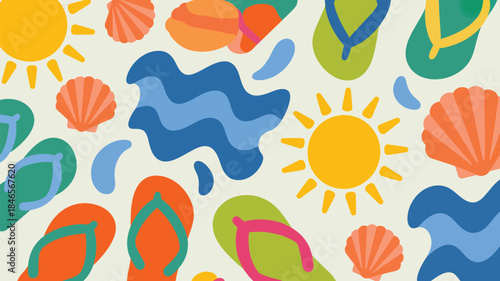 Vibrant summer beach pattern with flip flops and seashells