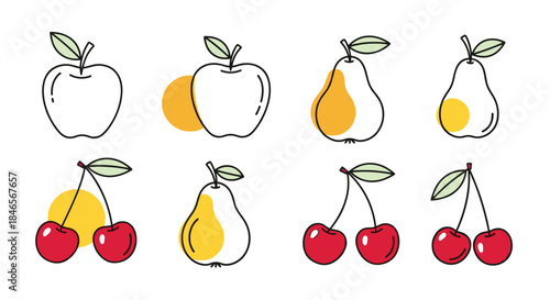 Minimalist set of fruit line art icons including apples pears and cherries with abstract color spots isolated on a white background.