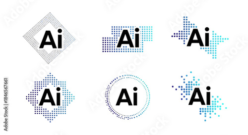 Modern ai logo design with various geometric shapes and patterns in blue and white color scheme