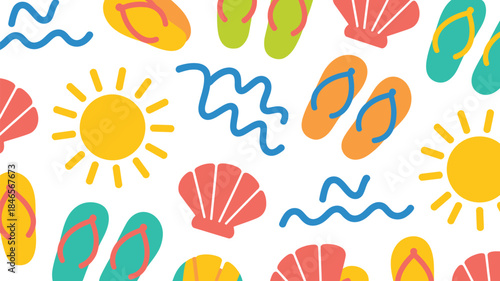Vibrant summer icons with flip flops and seashells on white