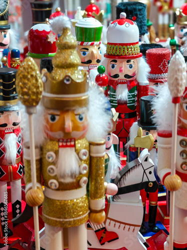 Traditional Christmas souvenir nutcrackers are sold on the Christmas market
