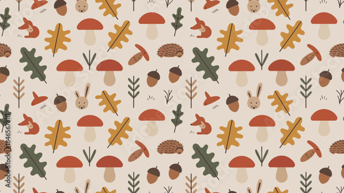 Whimsical forest pattern with mushrooms and woodland creatures