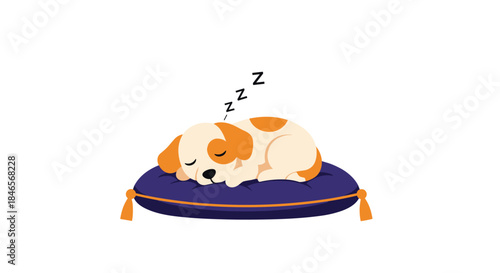 A cute cartoon puppy with white and brown spots sleeping soundly on a luxurious blue pillow isolated on a white background with Zs.