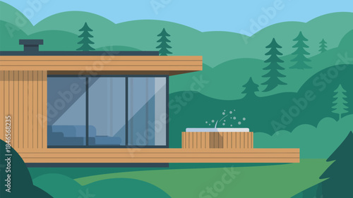 Modern wooden house with hot tub in serene forest setting