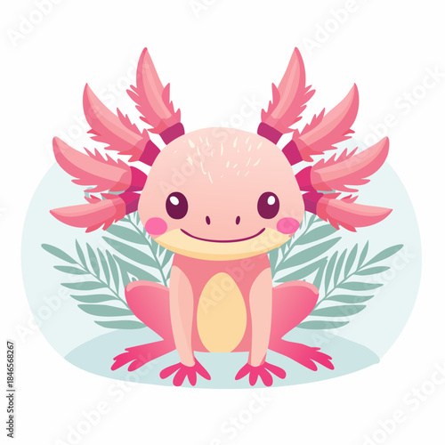 An adorable flat vector illustration of a cute pink axolotl sitting and smiling cheerfully, surrounded by stylized aquatic leaves against a simple light blue background.