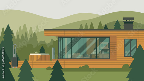 Modern wooden cabin in serene forest setting with hot tub