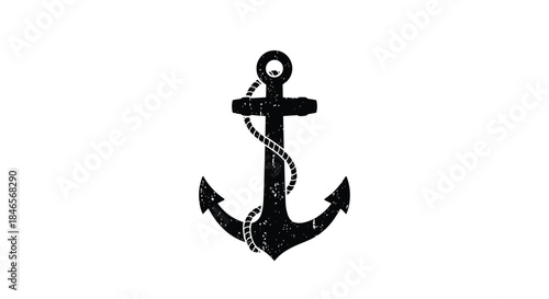 A classic black anchor symbol with a rope wrapped around it and a distressed grunge texture for a nautical or marine themed design.
