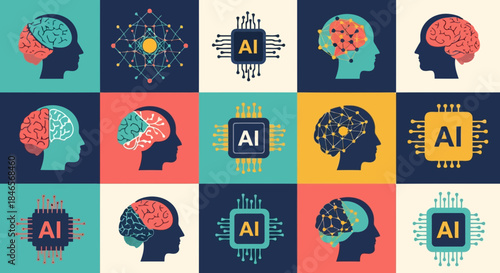 Illustration of human brains with artificial intelligence elements, showcasing ai technology and human cognition concepts