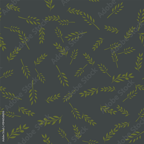 Seamless olive branches pattern in flat minimalistic style. Repeating botanical background with olive leaves and olives, designed as a clean modern vector pattern