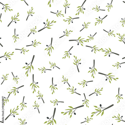 Seamless olive branches pattern in flat minimalistic style. Repeating botanical background with olive leaves and olives, designed as a clean modern vector pattern