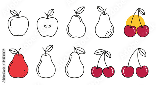 A charming set of simple fruit icons in a line art style including apples pears and cherries with some color accents.