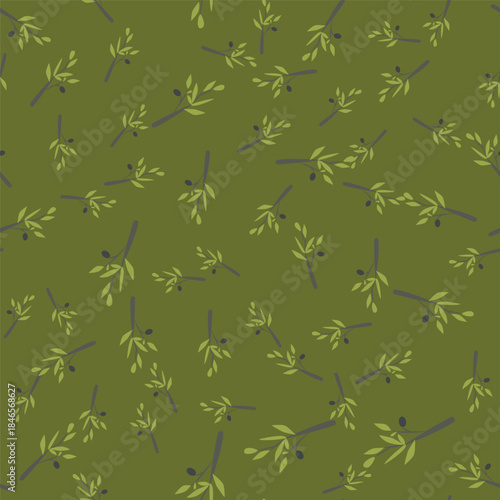 Seamless olive branches pattern in flat minimalistic style. Repeating botanical background with olive leaves and olives, designed as a clean modern vector pattern