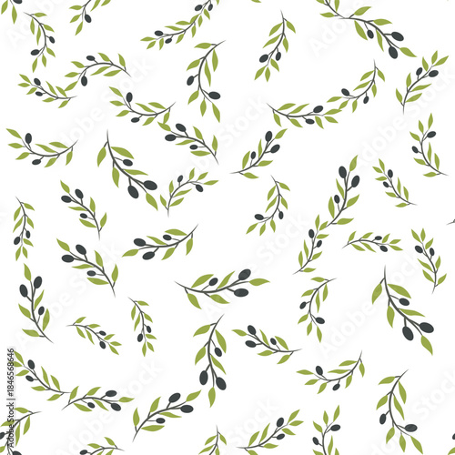 Seamless olive branches pattern in flat minimalistic style. Repeating botanical background with olive leaves and olives, designed as a clean modern vector pattern
