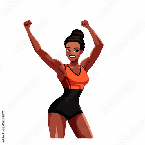 This vibrant vector cartoon illustration depicts a confident african american woman flexing her muscular arms in a triumphant pose while wearing an orange and black fitness outfit, isolated on white.