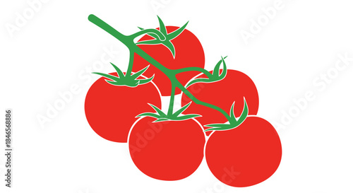 Simple vector illustration of five ripe red tomatoes hanging from a green vine on a clean white background for healthy food concepts.