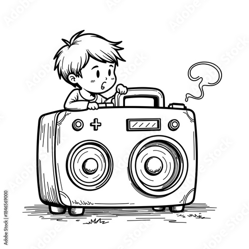 Child with portable speaker in black and white illustration, kids entertainment and audio technology