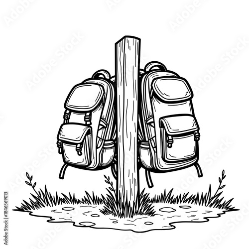Backpacks leaning on trail marker post, outdoor adventure and travel gear for hiking trips