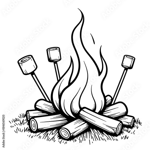 Bonfire with marshmallow sticks in coloring book illustration, kids activity and outdoor fun concept