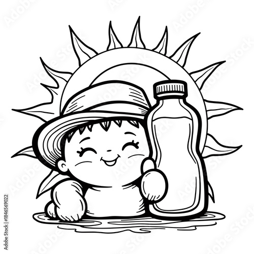 Child with sunhat and water bottle under sun, outdoor summer safety and hydration