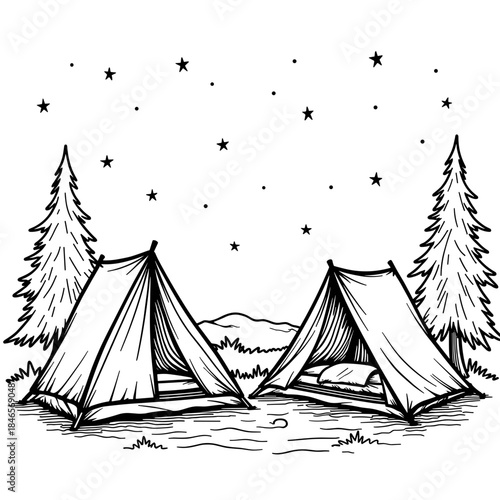 Camping tents under starry night sky, outdoor adventure and nature exploration for kids coloring