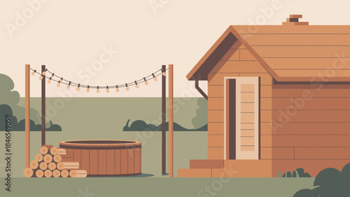 Cozy cabin with outdoor hot tub and wood pile in serene natural setting