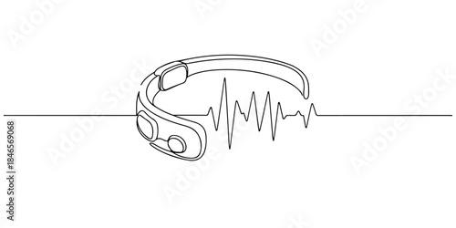 Continuous one line drawing of a wearable EEG headband with gentle waves emitting, representing mental health monitoring and brainwave analysis for app interfaces and elegant health posters.