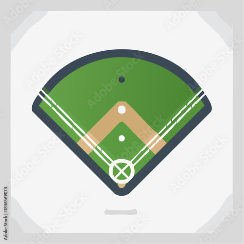 Overhead view of a vibrant green and brown baseball diamond, illustrated in a clean flat design style, ready for a major league game on the field.