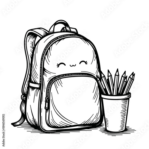 Backpack and pencil cup on desk, children's coloring book design and educational supplies illustration