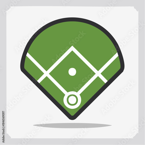 A minimalist flat design vector illustration depicts a green baseball field diamond, clearly showing the white infield lines and home plate, conveying a sporty mood as an isolated graphic icon.