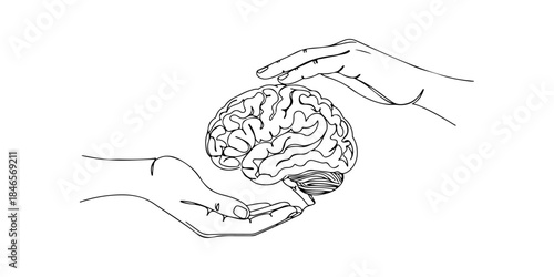 Continuous one line drawing of a two hands holding a holographic brain, representing supportive technology in mental health care for elegant posters and startup branding.