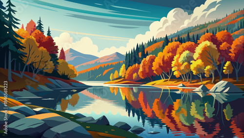 Very beautiful fall reflections on Boley Lake in Babcock State Park, mirror-like water surface, surrounding forest colors, and serene seasonal mood rendered in refined vector illustration.