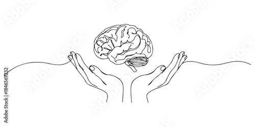 Continuous one line drawing of a two hands holding a holographic brain, representing supportive technology in mental health care for elegant posters and startup branding.