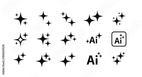 Collection of various star and plus sign icons in a black and white design style