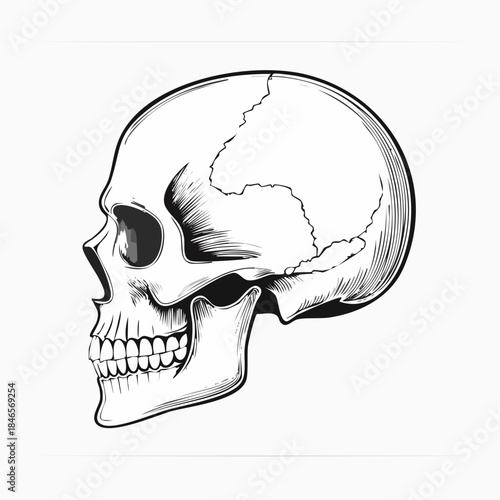 A stark, monochrome, hand-drawn vector illustration of a detailed human skull in profile view, showcasing anatomical structure isolated on a clean white background.