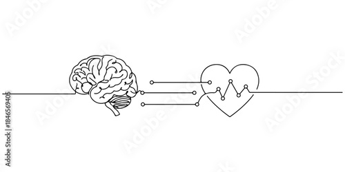 Continuous one line drawing of a brain connected to a heart icon with data lines, symbolizing emotional intelligence powered by AI for modern posters.